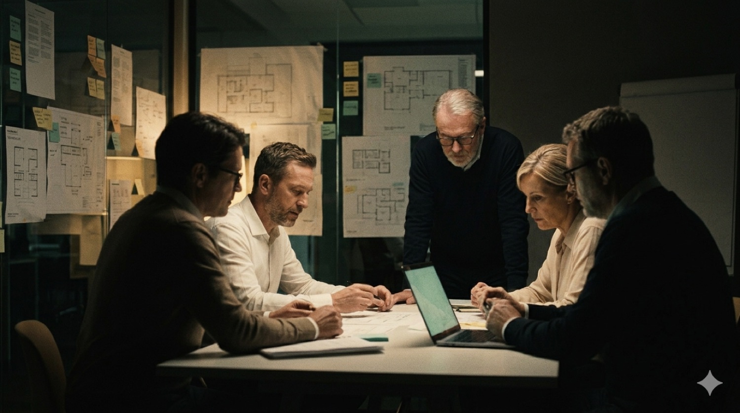 A delivery team working late around a table of plans.
