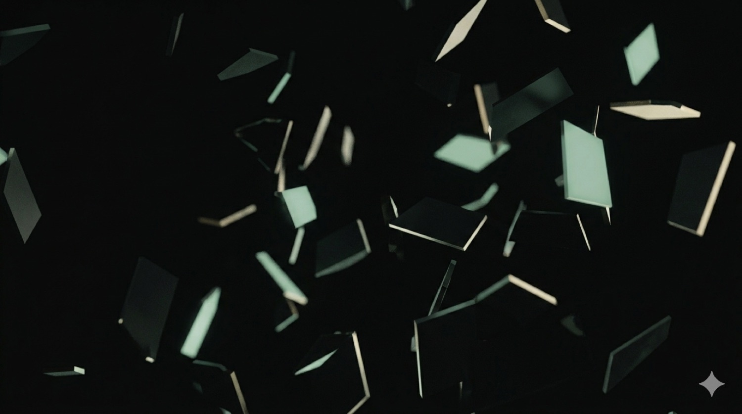 Fragments of glass scattered in the dark — work split across disconnected tools.