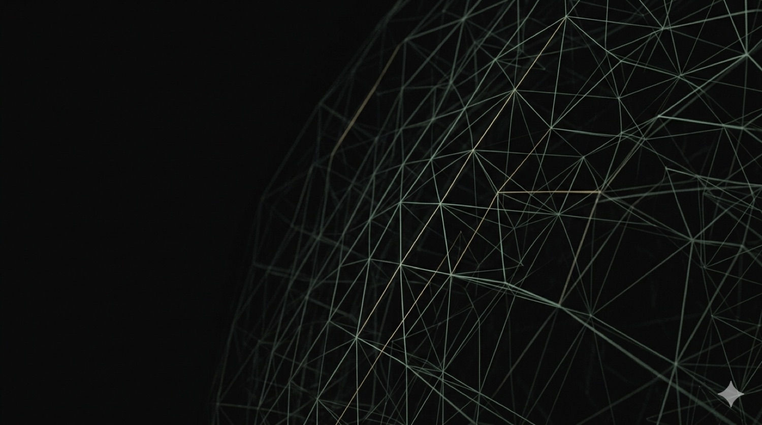 A wireframe graph sphere in mint and gold — a connected model you can build on.
