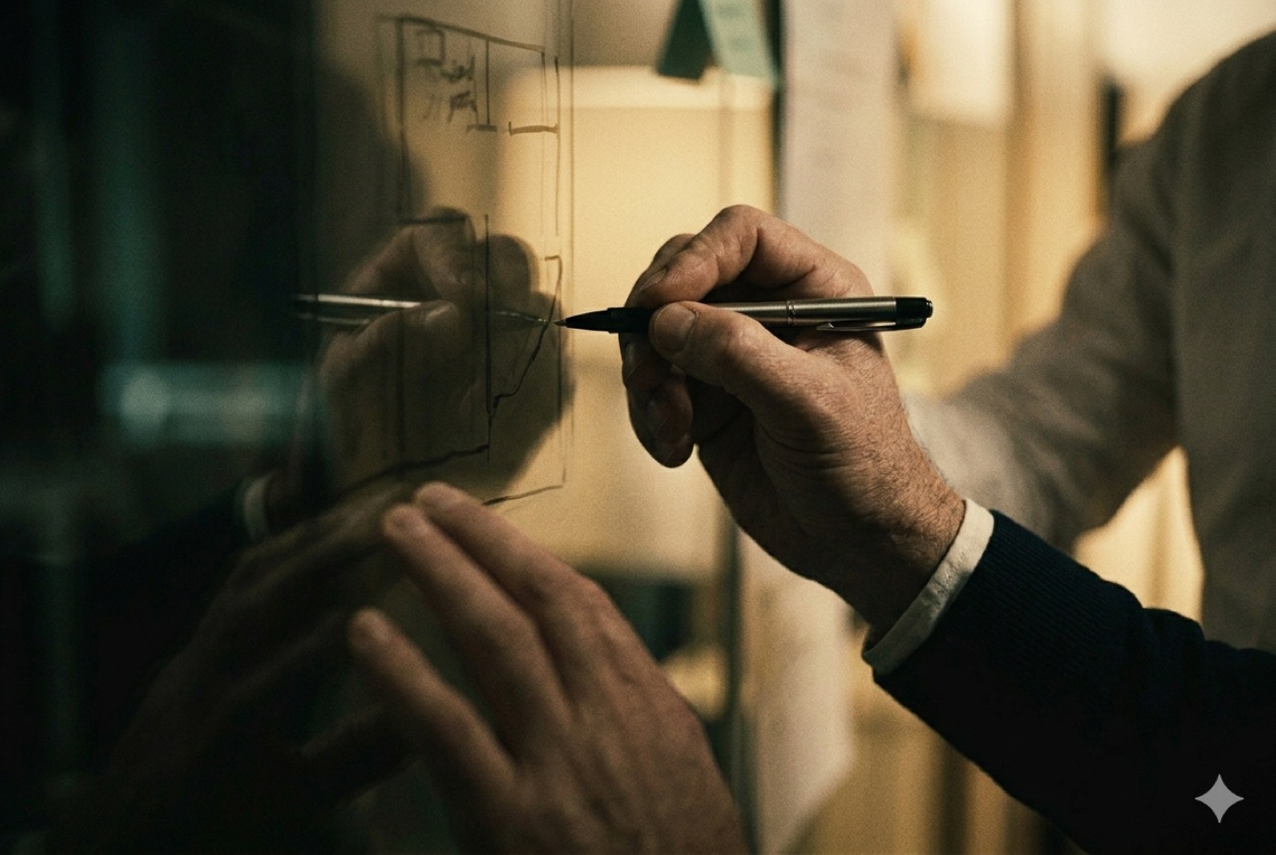 Hands sketching a plan on a glass wall — modeling how a firm actually works.
