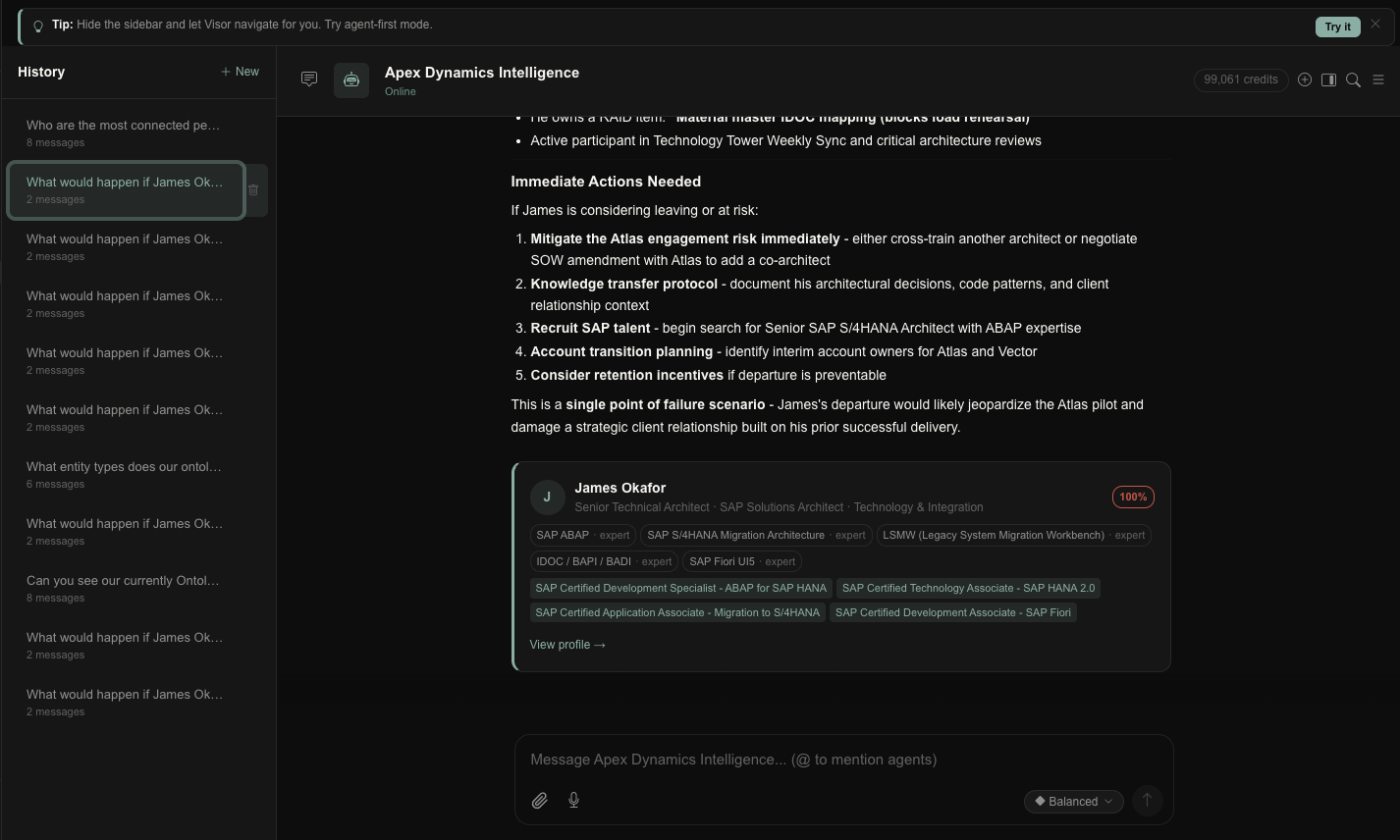 AI assistant answering a what-if question about a key architect leaving, with a single-point-of-failure analysis and recommended actions.