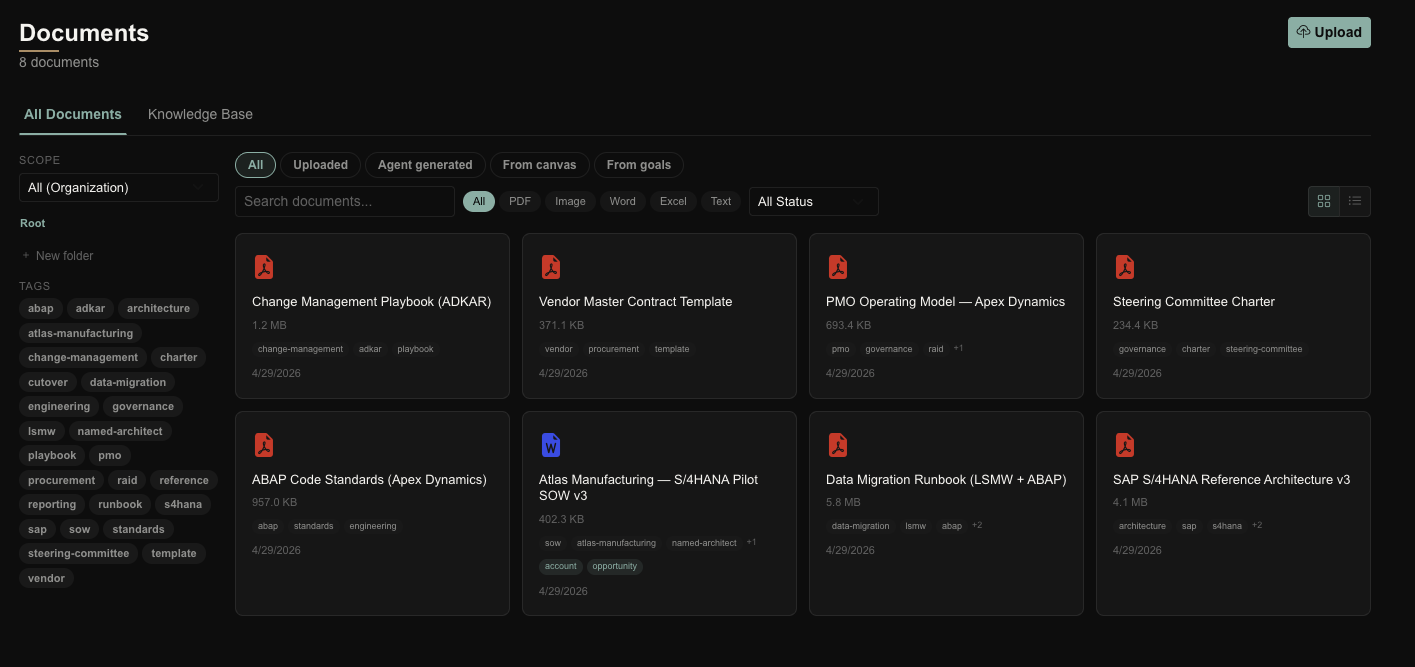 Documents library — change management playbook, PMO operating model, steering committee charter, data migration runbook and more.