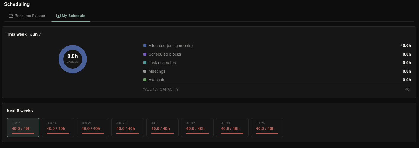 Personal schedule view — allocated, scheduled, meetings, and available hours for the week and the next eight weeks.